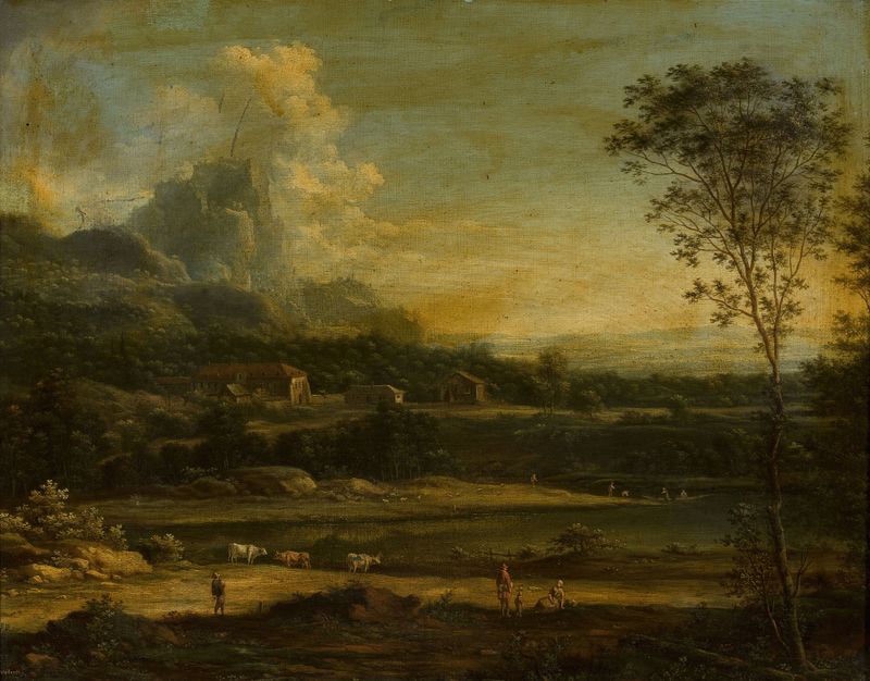 Mountain landscape with a lake and buildings, oil painting by Johann Christian Vollerdt