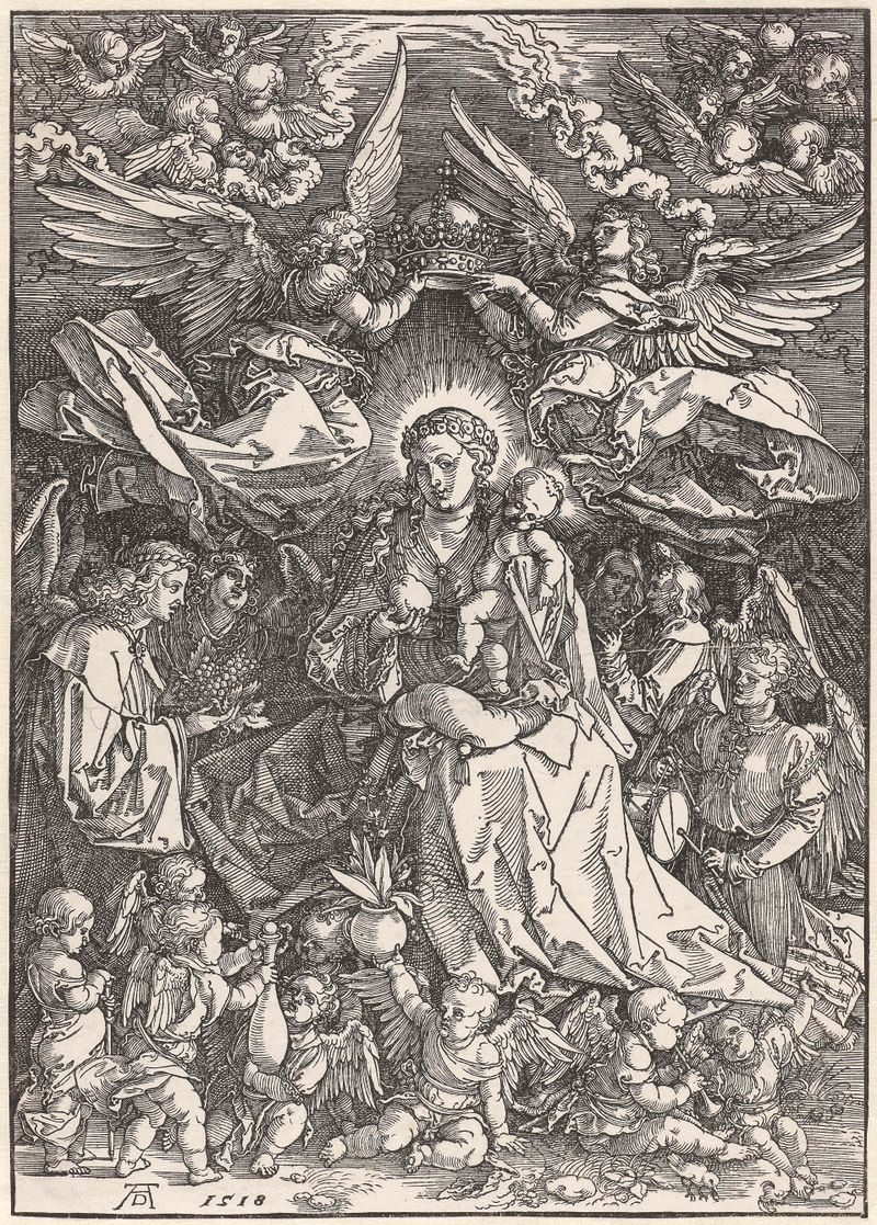 Representação religiosa de Maria e anjos, meio de papel por Albrecht Dürer