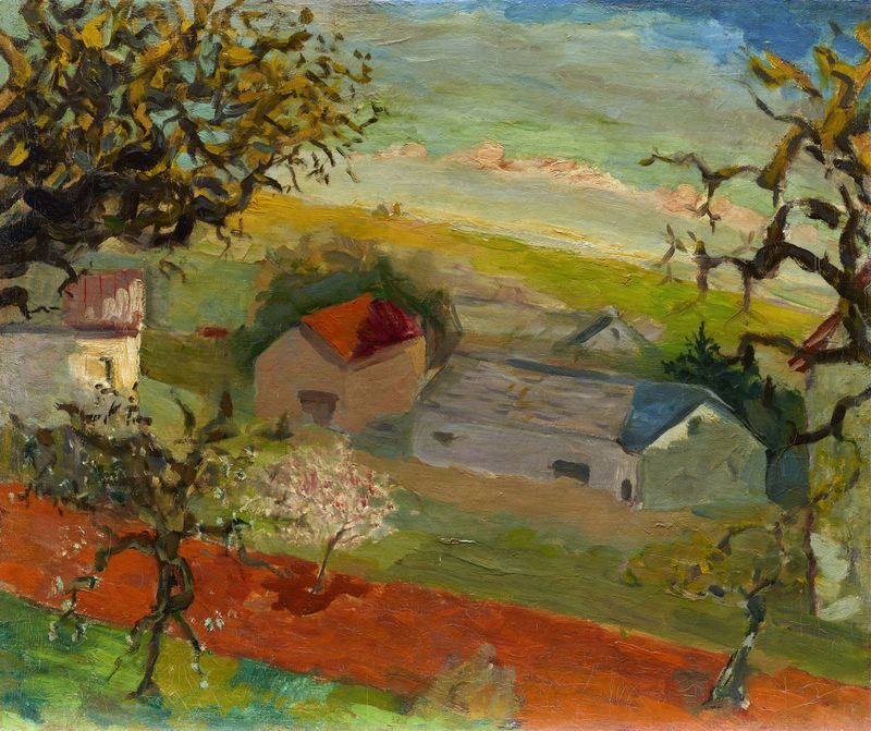 Paisaje con estructuras antiguas y vegetación salvaje de Morgan Russell, óleo