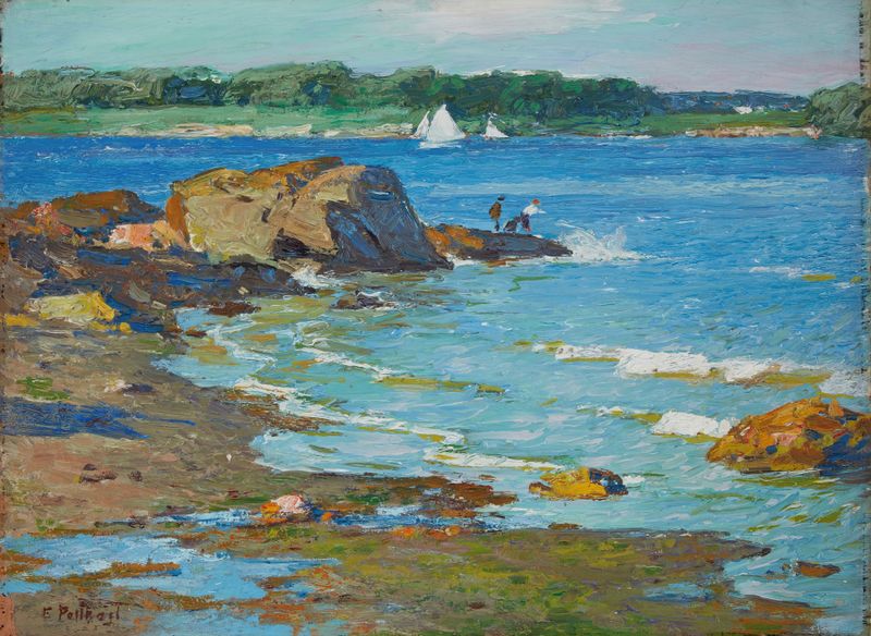 The Inlet de Edward Henry Potthast, óleo sobre lienzo que representa las reflexiones del agua y el cielo.