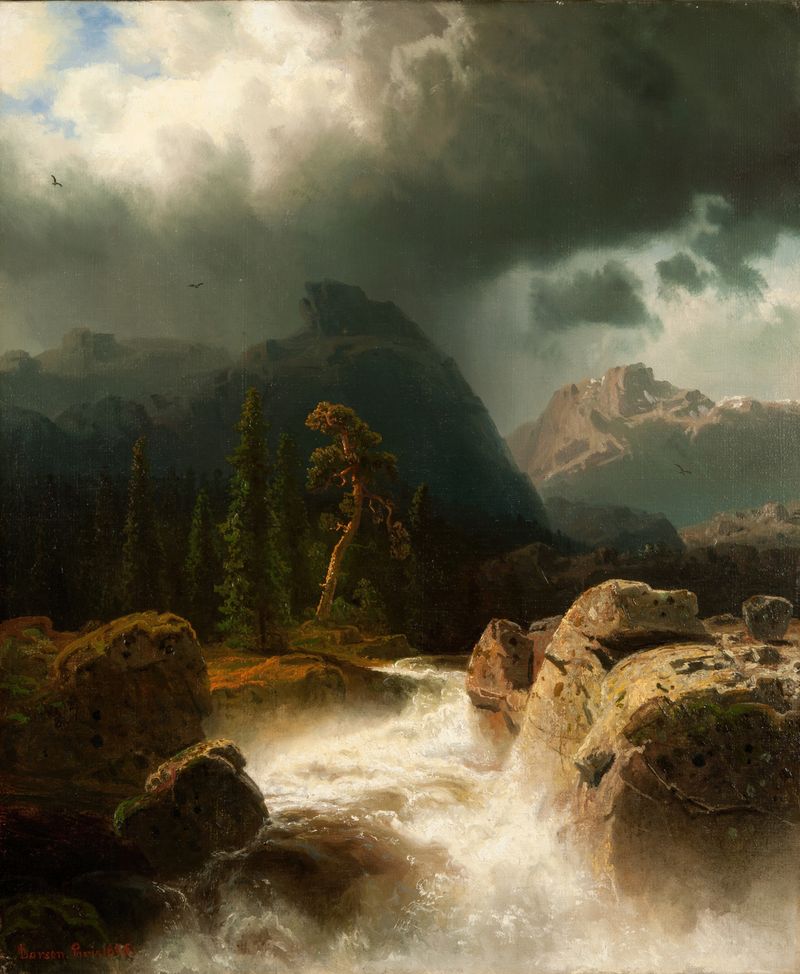 Waterfall by Marcus Larson, oil painting, depicting a cascading waterfall in deep blue and green hues.
