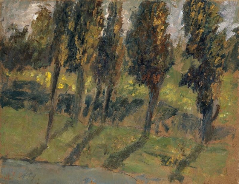 Obra de Post-Impresionismo de Ernst Schiess que muestra árboles de otoño junto a un río