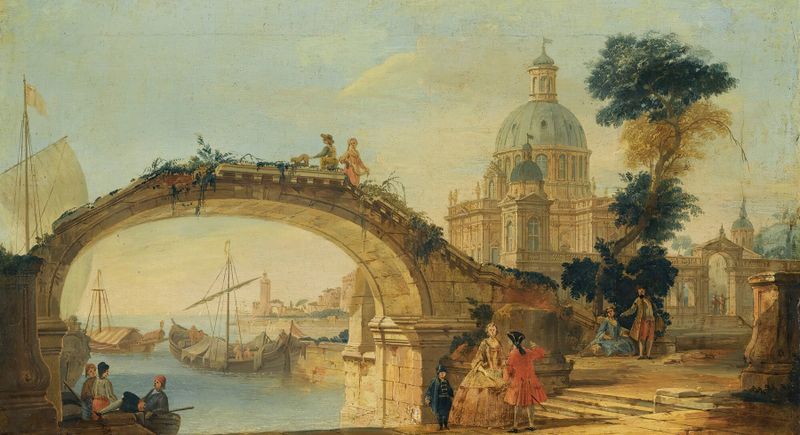 A Capriccio View With A Footbridge Over A River, oil painting by The Pseudo Battaglioli