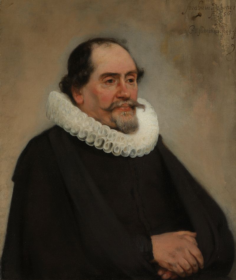 Retrato de Abraham de Potter, óleo sobre tela de Carel Fabritius, retratando um comerciante vestido de preto.