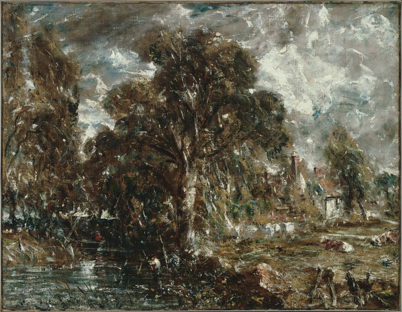 On the River Stour de John Constable, óleo sobre lienzo, representando un río tranquilo con reflejos y nubes.