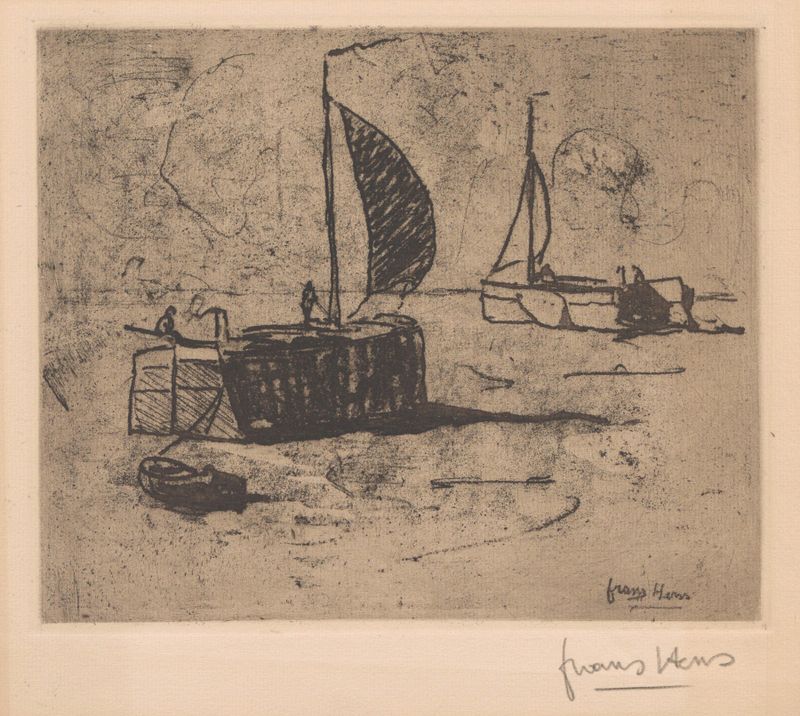 Sailingboats by Frans Hens, depicting sailboats on calm water, oil painting
