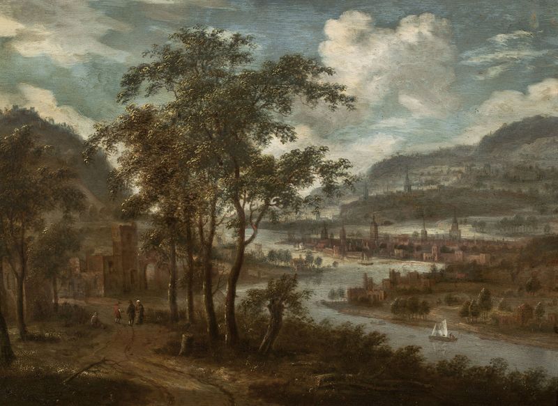 View of a river valley, oil on canvas by Dionijs Verburg