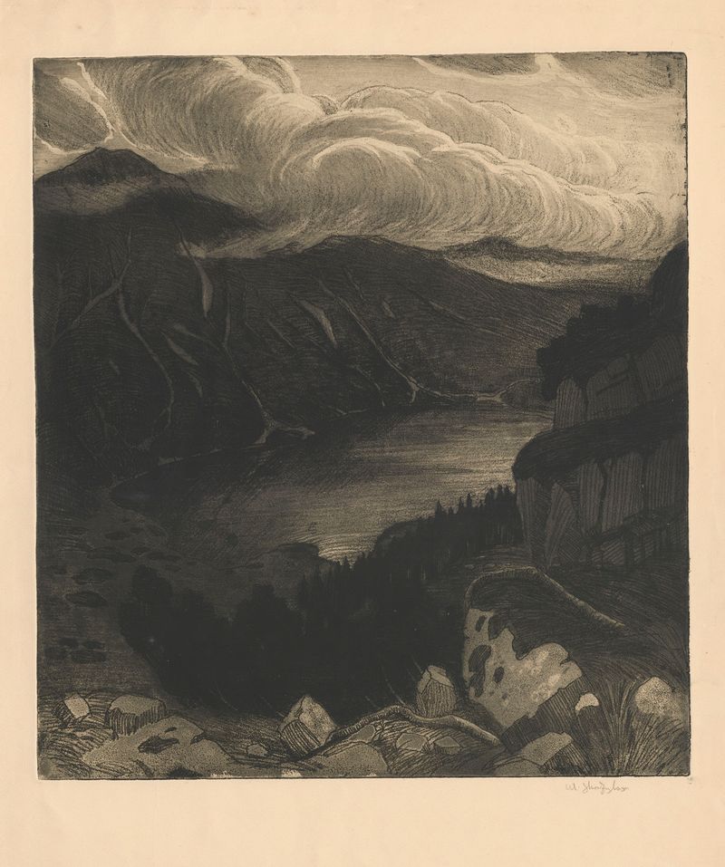 Morskie Oko de Władysław Skoczylas, pintura al óleo que representa un lago sereno y montañas.