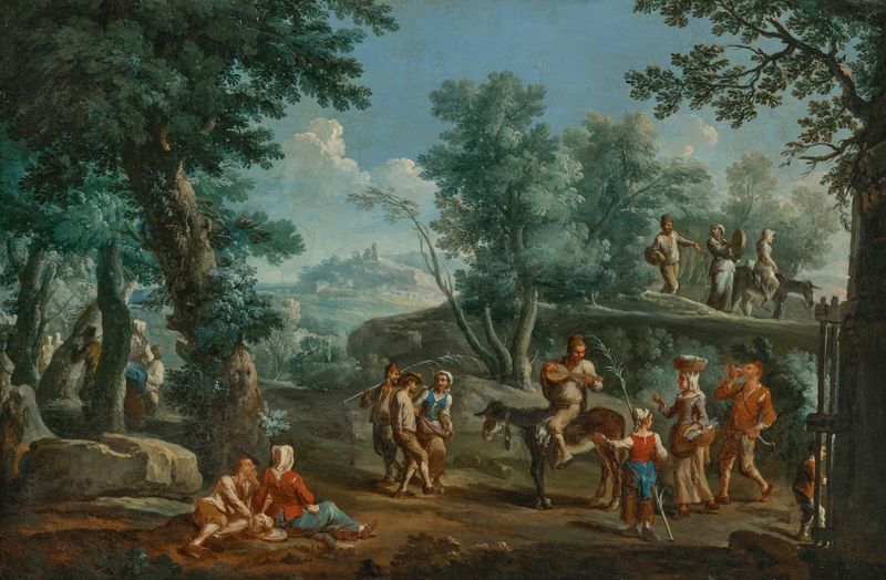 Rococo oil painting of villagers dancing and resting in a forest by Paolo Monaldi