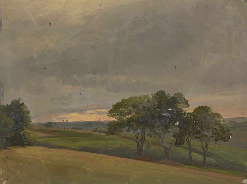 Prado ao entardecer com árvores por Jakob Becker, pintura a óleo mostrando luz dourada e vegetação exuberante.