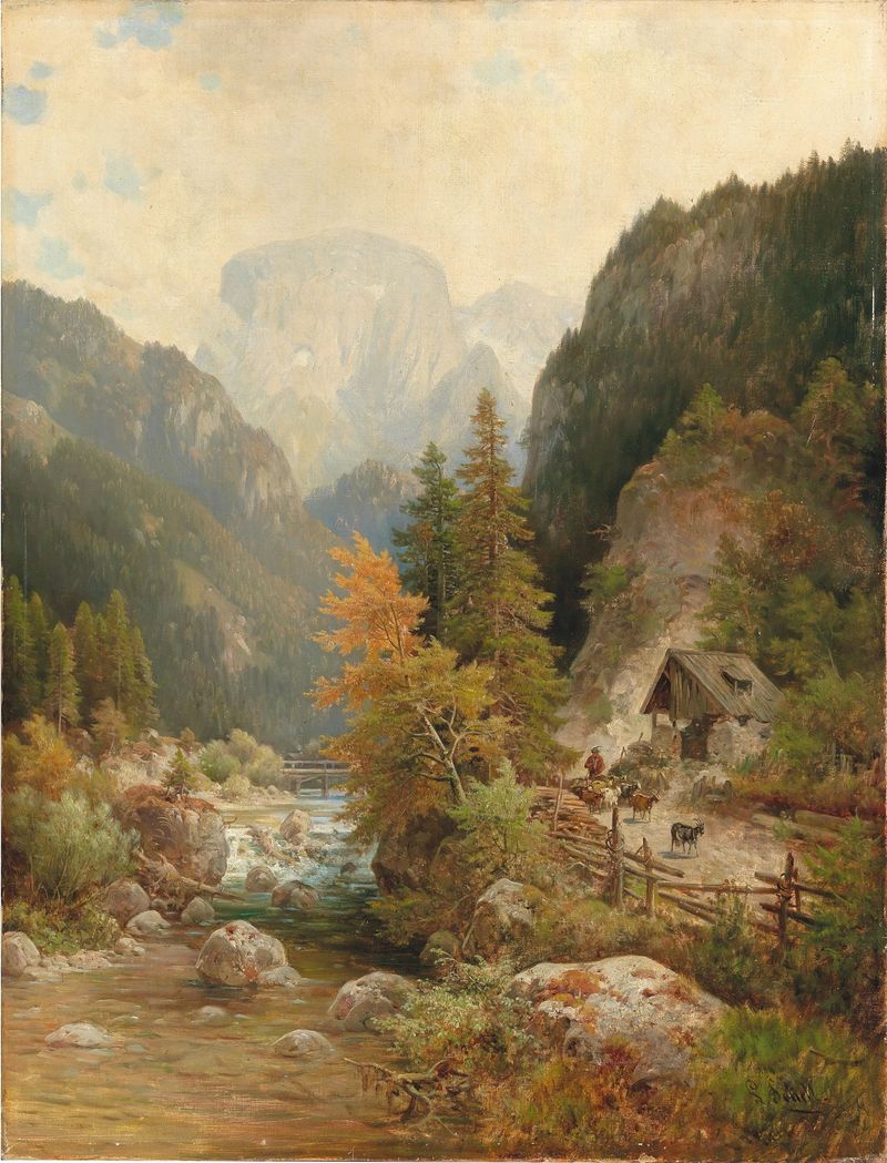 Shepherd and flock by a torrent, oil on canvas by Ludwig Sckell