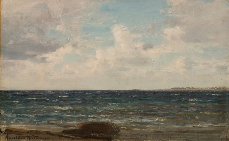 Escena marina con olas y costa de Amaldus Nielsen, óleo sobre lienzo