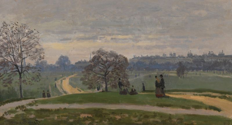 Hyde Park, Londres de Claude Monet, óleo sobre lienzo que muestra la luz del sol entre los árboles.