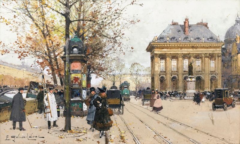 Les Quais De La Seine de Eugène Galien-Laloue, óleo sobre lienzo que muestra árboles de otoño junto al río.