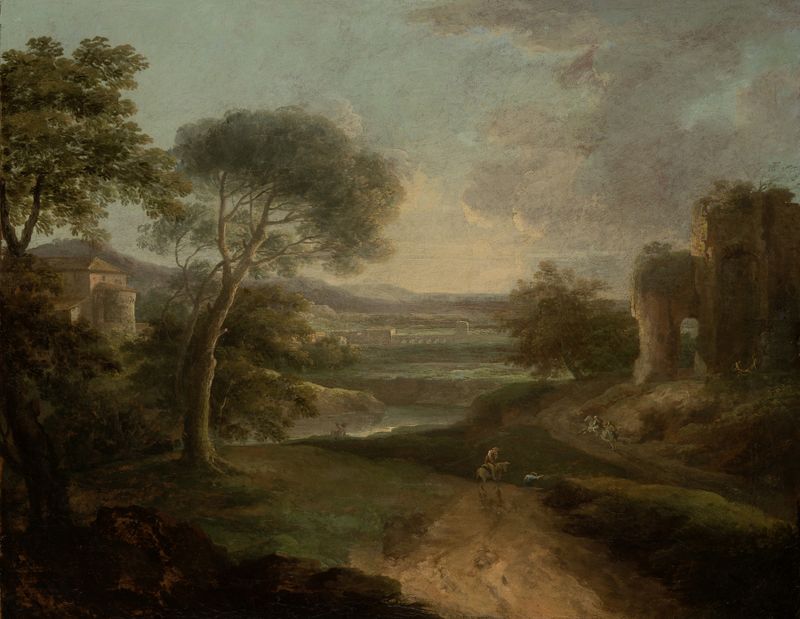 Rococo oil painting by Paolo Anesi depicting gentle hills and a serene sky.