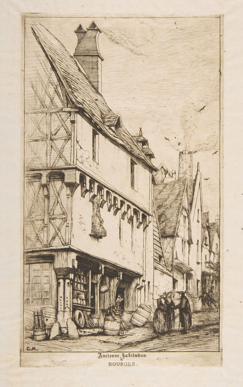 Etching by Charles Meryon depicting an old house facade in Bourges