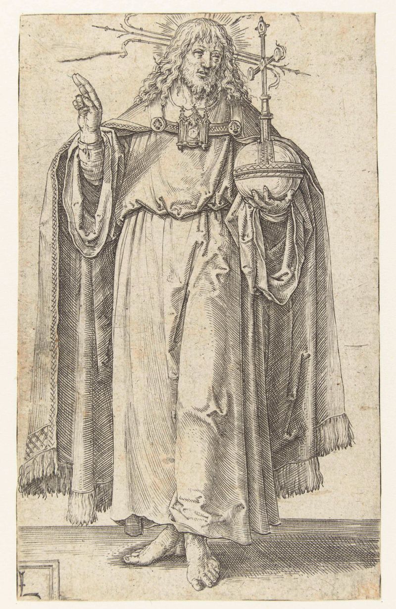 Grabado de Lucas van Leyden que representa a Cristo como Salvator Mundi con luz divina