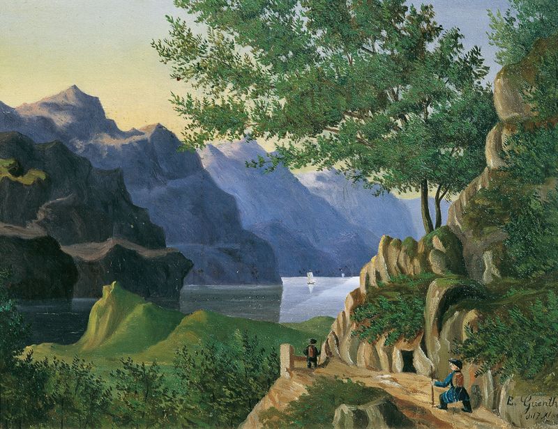 Bergsee mit Wanderer de E. Guenther, óleo sobre tela que retrata um viajante ao lado de um lago tranquilo.