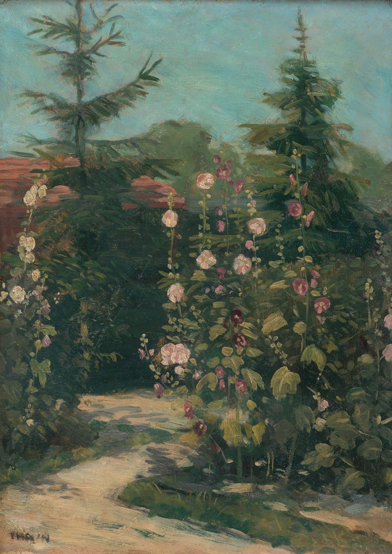 Escena vibrante de jardín de Ján Thain, óleo sobre lienzo
