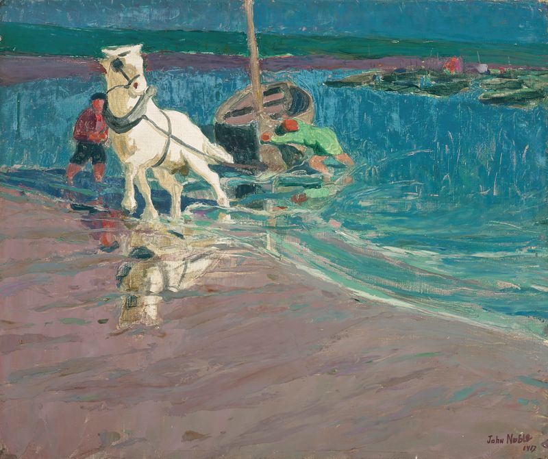 The White Horse by John Noble, depicting a white horse by water, oil painting