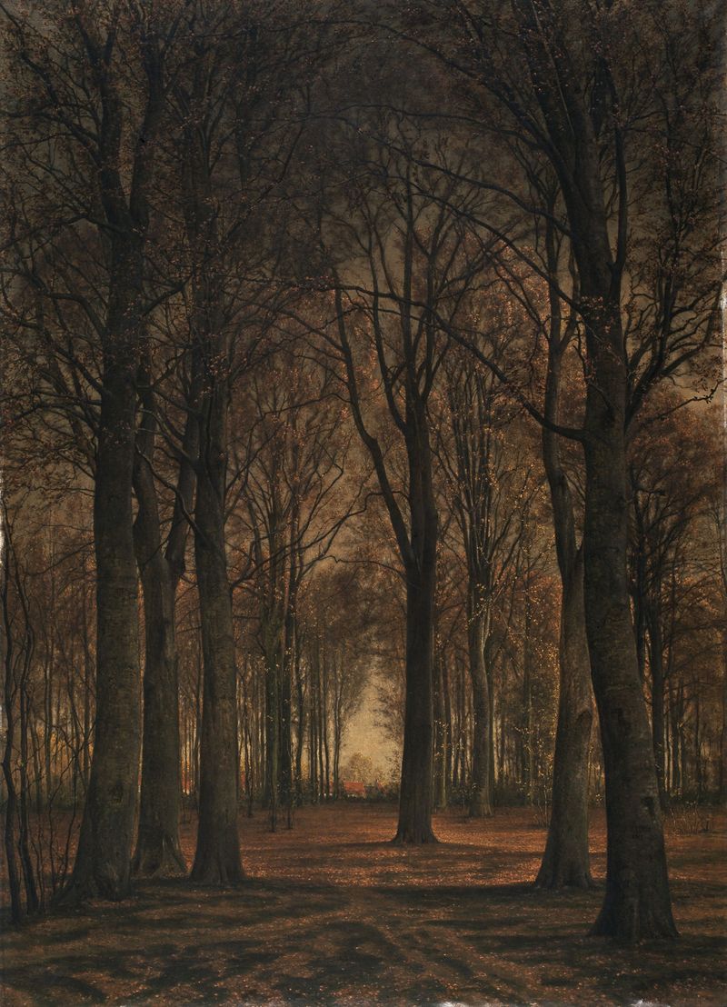 Autumnal Landscape by Alfred Elsen, oil on canvas depicting vibrant trees and fields under a pastel sky.