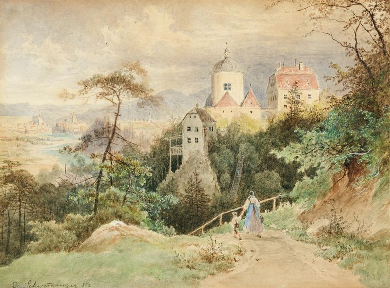 View of the church and presbytery of Christkindl near Steyr, oil painting by Josef Schwemminger