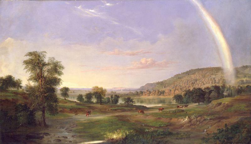 Landscape with Rainbow by Robert S. Duncanson, oil painting of lush hills and a vibrant rainbow.