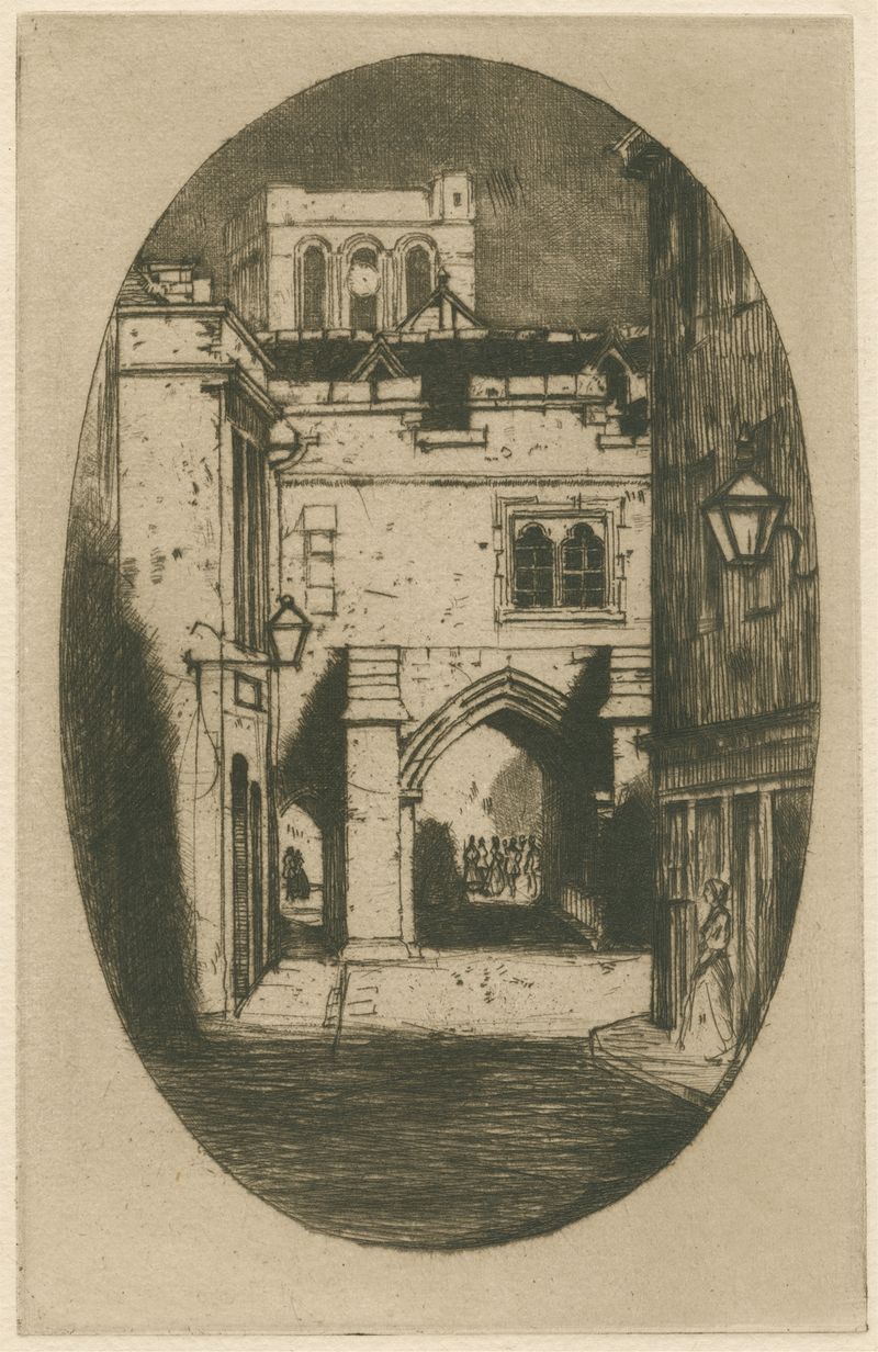 Kingsgate, Winchester de David Young Cameron, acuarela sobre papel, con un arco y luz solar.