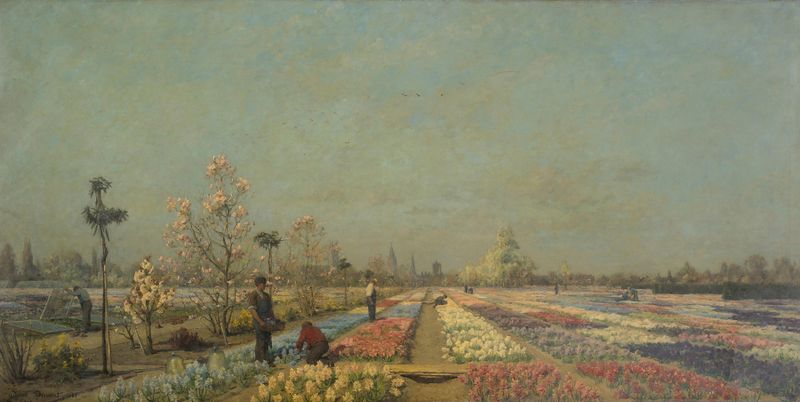 Tulip Fields by Adrien-Louis Demont, oil on canvas showing vibrant tulips in a colorful landscape.