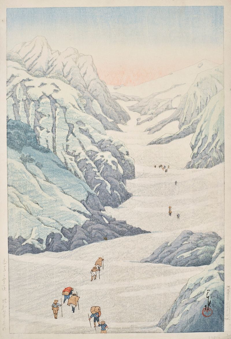 Shirouma no sekkei de Kawase Hasui, Ukiyo-e, retratando um vale coberto de neve com o Monte Shirouma.