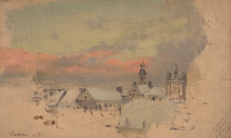 Paisagem ao pôr do sol de Wojciech Gerson, retratando telhados e luz dourada.