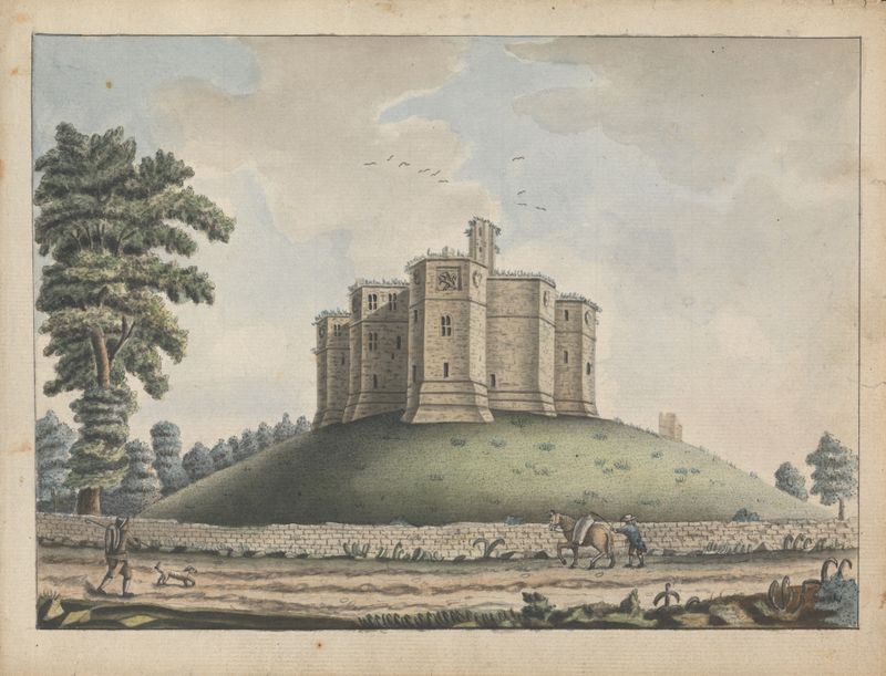Warkworth Castle, Northumberland by William Beilby, oil painting of a majestic stone structure.