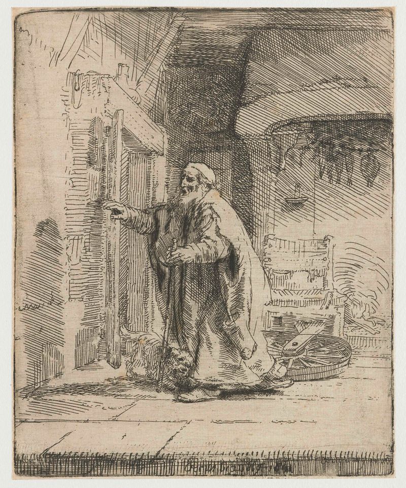 A cegueira de Tobit, gravura de Rembrandt van Rijn, mostrando Tobit na sombra com uma expressão de resignação.