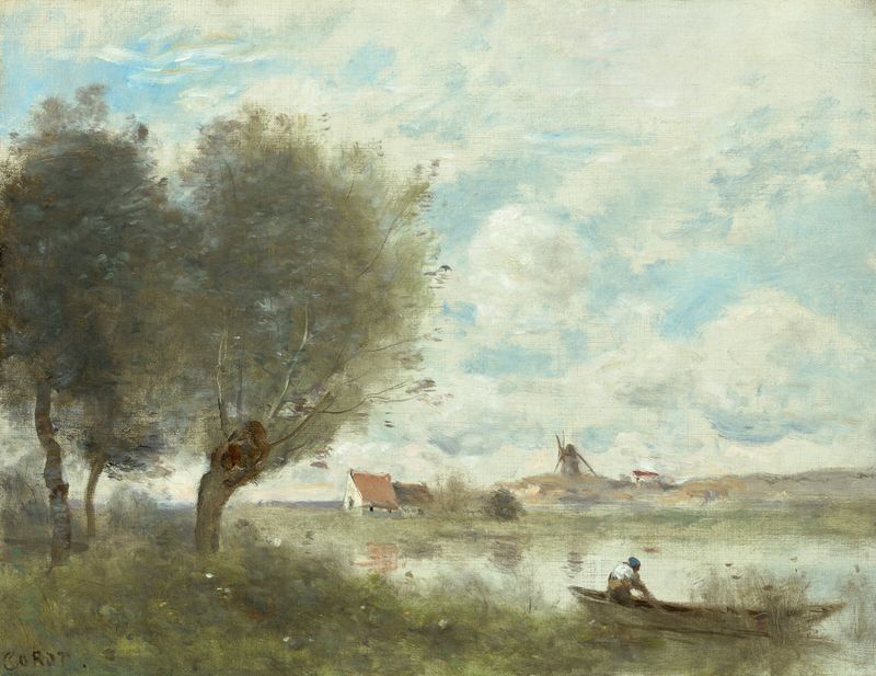 Souvenir d’Ault de Jean-Baptiste-Camille Corot, óleo sobre lienzo que representa un paisaje tranquilo.