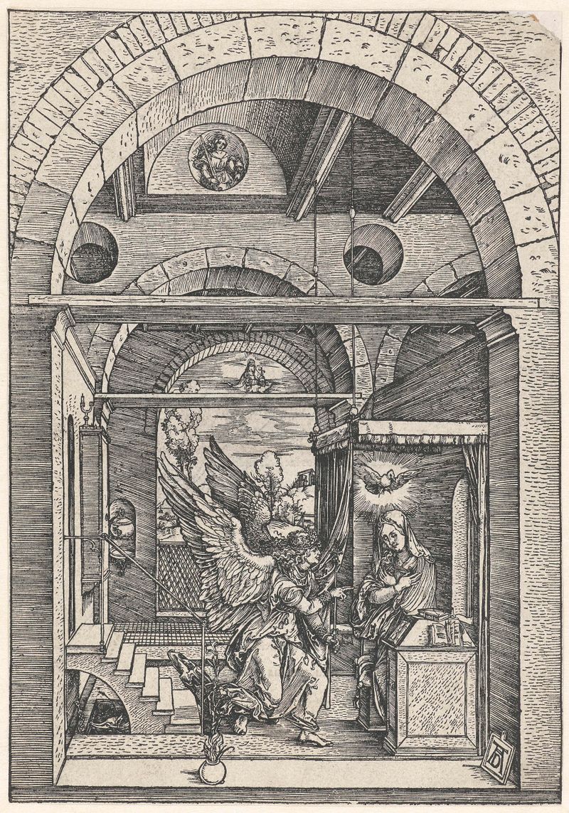 Xilografía de Albrecht Dürer que muestra al ángel Gabriel entregando un mensaje divino.