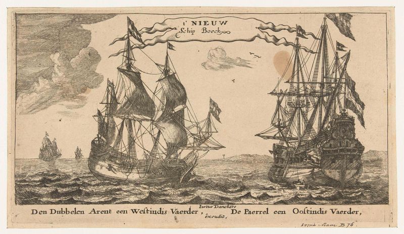 Gravura de Unknown Artist mostrando os navios De Parel e De Dubbele Arend em águas calmas