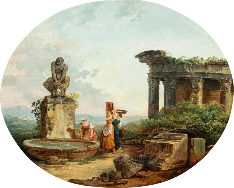 Pintura rococó de Hubert Robert mostrando lavadeiras em uma fonte