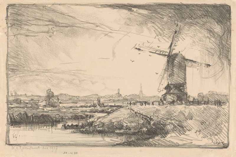 Landschap met molen bij Leiden de Willem Adrianus Grondhout, impresionismo, paisaje