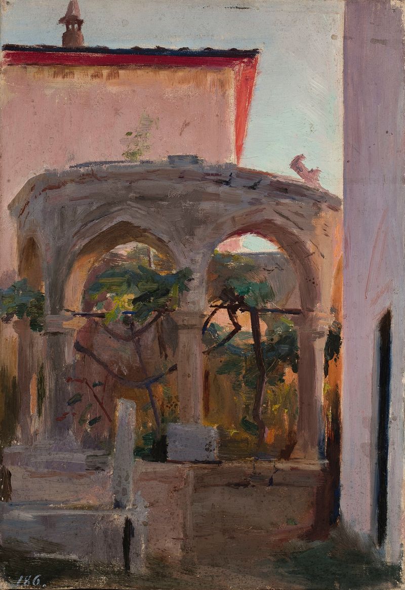 Pintura al óleo de Jan Ciągliński que representa un paisaje con montañas y un vasto cielo.