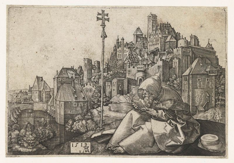 Grabado de San Antonio en túnicas con fondo de ciudad por Unknown Artist