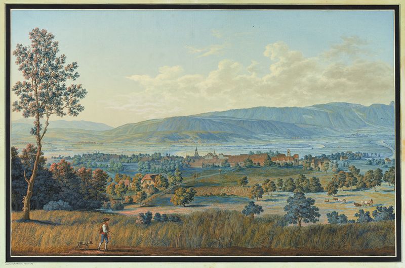 Landscape depicting a town in a valley with rolling hills, by Johann Joseph Hartmann