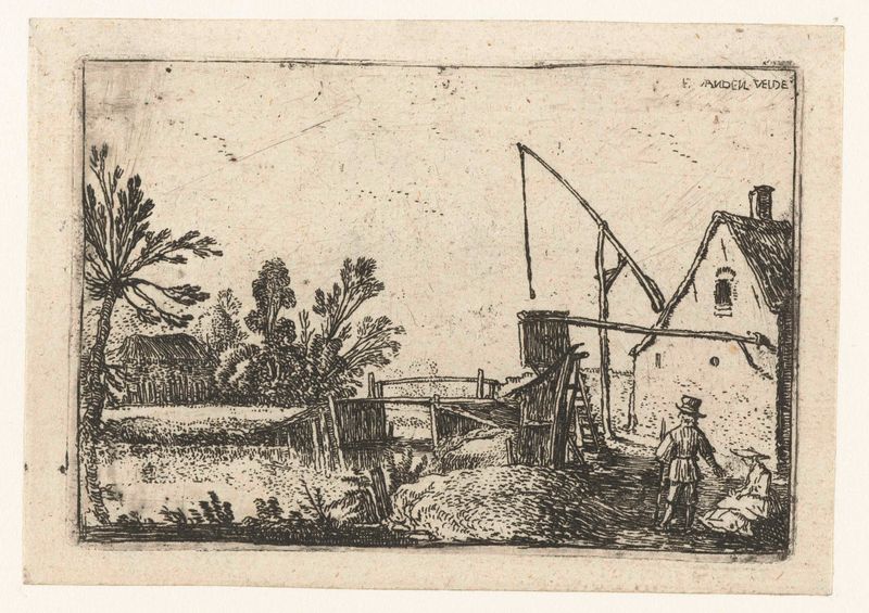 Etching by Esaias van de Velde showing a farmhouse by a canal