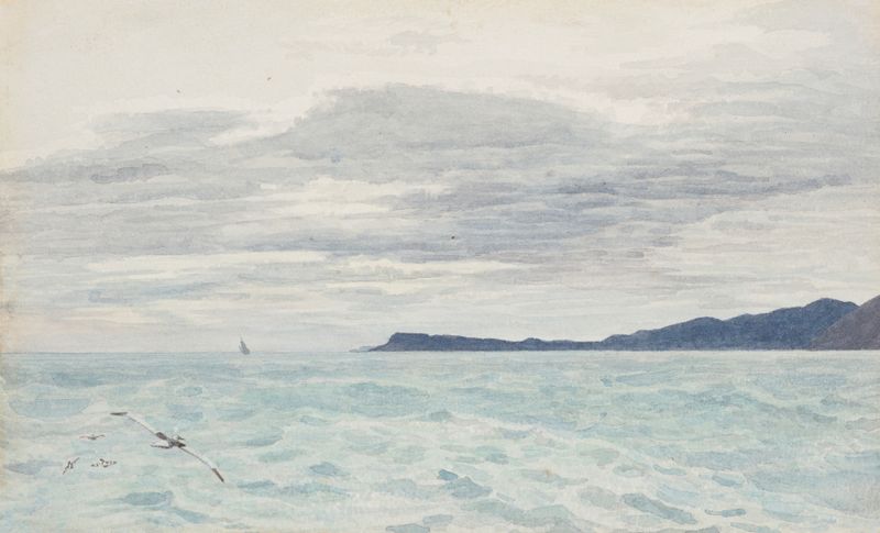 Paisaje de Headland near Greymouth de James Crowe Richmond, pintura al óleo que muestra una costa accidentada y naturaleza.