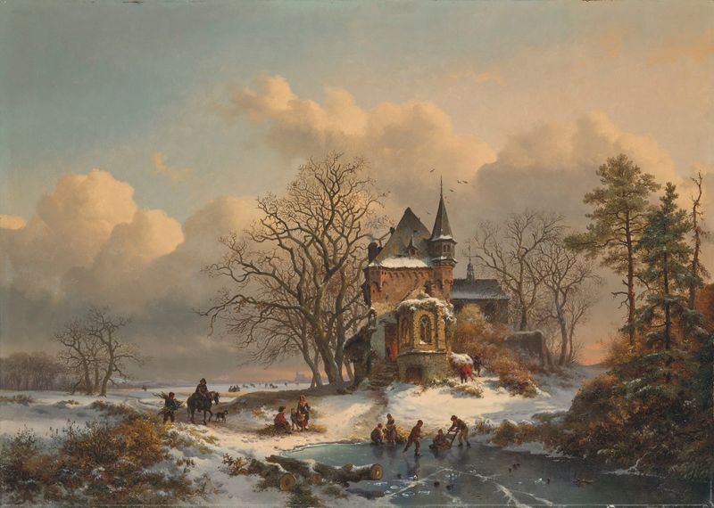 Winter landscape with skaters, oil painting by Frederik Marinus Kruseman