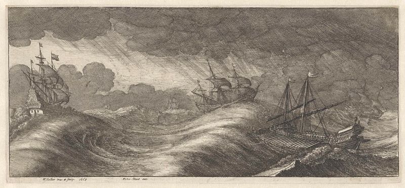 Galei en andere schepen in een zeestorm, gravura de Wenceslaus Hollar mostrando navios em um mar tempestuoso.