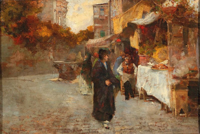 Venetian Street Scene de Camillo Bortoluzzi, pintura a óleo de uma rua nostálgica com paralelepípedos.