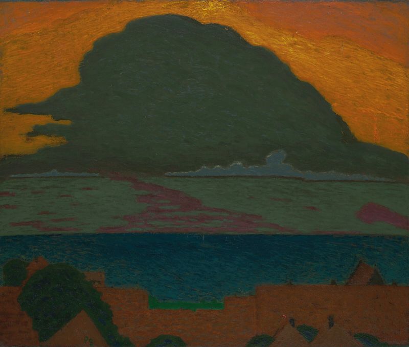 Coastline, Visby de Pelle Swedlund, óleo sobre lienzo que representa un paisaje marino sereno.