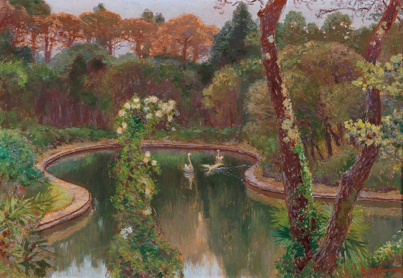Swans in the Park at Miramare Castle near Trieste, oil painting by Karl Hofmann