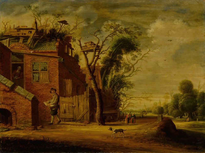Paisaje rural con un hennetaster frente a una cabaña con palomar, óleo sobre lienzo de Circle of Joachim Govertsz. Camphuysen
