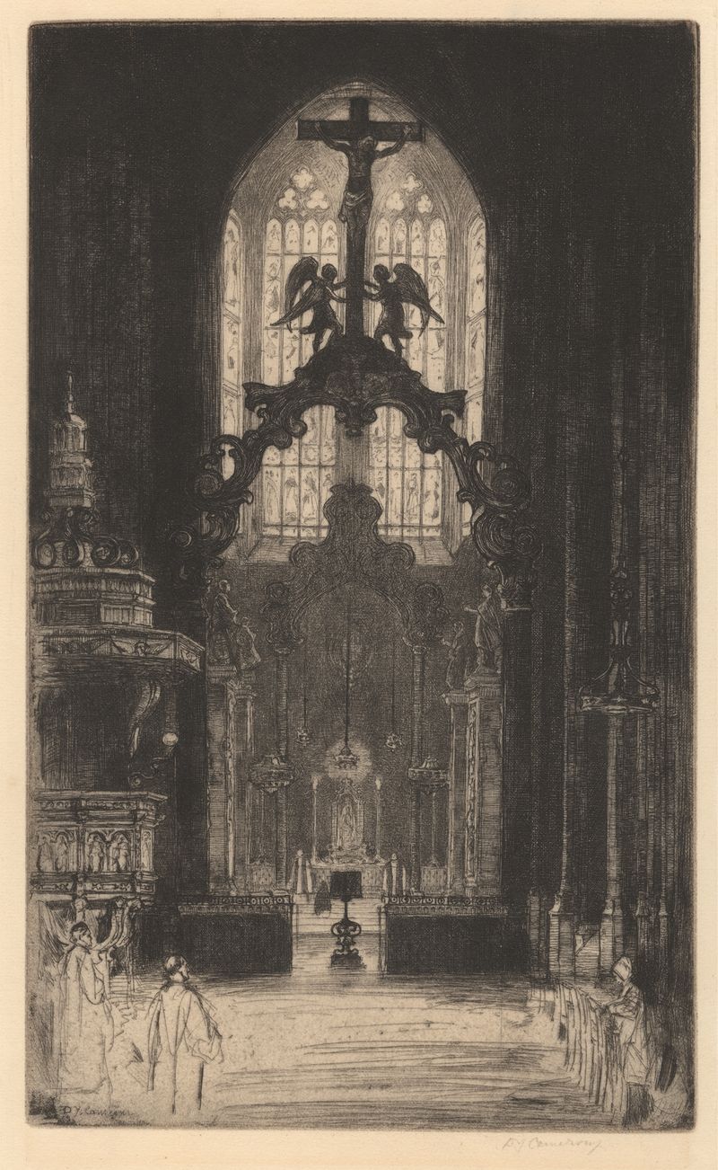 Grabado de David Young Cameron que muestra a Cristo en la crucifixión con contraste emocional.